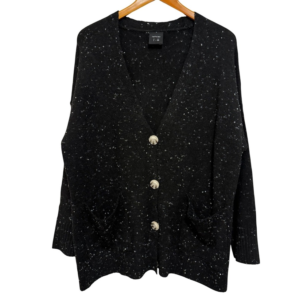 Lefties Women Cardigan L Black Speckled Oversized V-Neck Knit Dark Academia